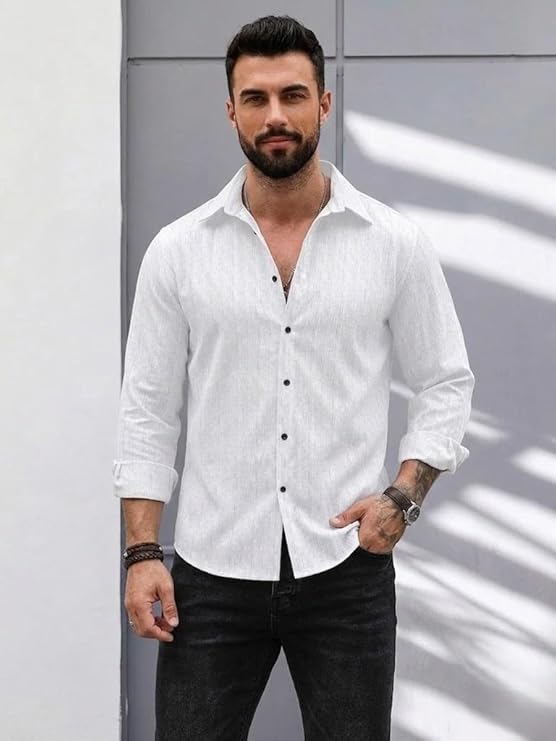 DEELMO Men's Regular Fit Button Down Dress Shirts Textured Long Sleeve Casual Hawaiian Shirt Alternate View