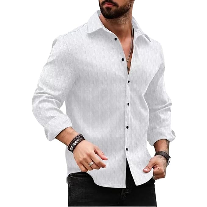 DEELMO Men's Regular Fit Button Down Dress Shirts Textured Long Sleeve Casual Hawaiian Shirt