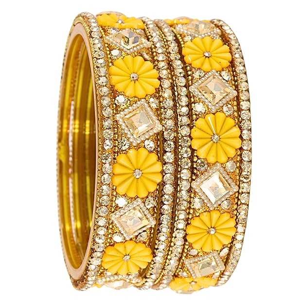 ZULKA Stylish Glass Designer Bangle Set for Women & Girls with Flower Beads & Shiny Zircon Stone Work | Fancy Glass Bangles for Wedding | Chudi For Gift, Party, Festival & Special Occasions - Set Of 6 Alternate View