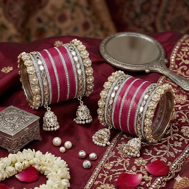 AYUSHI & CO. Bridal Chooda Bangle Set with Jhumka Latkan, Gold-Plated, Kundan Work, Traditional Chuda For Women & Girls, Alternate View