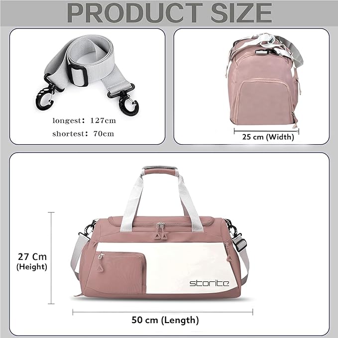 Storite Nylon 50 cms Imported Travel Duffle Bag Multi- Pocket Sports Shoulder Bag for Women with Wet Pocket & Shoe Compartment Weekender Overnight Travel Luggage Bag (Deep Pink - 50 x 25 x 27 Cm) Alternate View