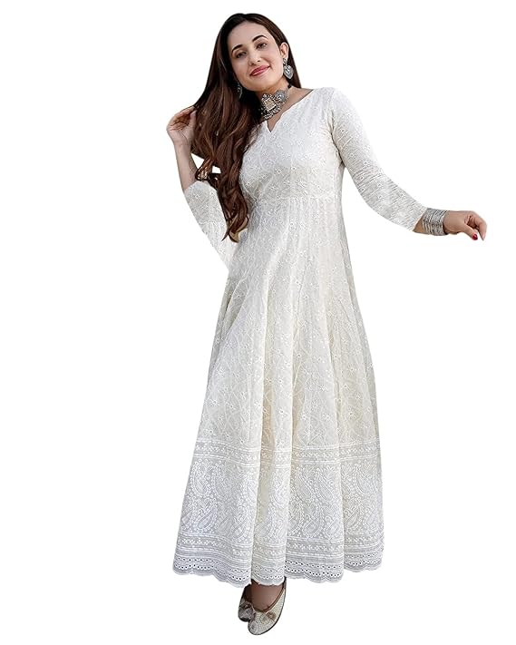 LookMark Women's Chikankari Embroidered Ethnic Gown, Ankle Length Flared Dress, 3/4 Sleeves, Traditional Indian Wear Alternate View