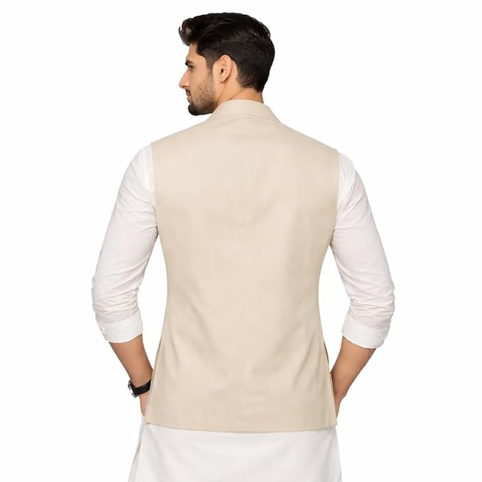 Men Nehru Waistcoat Sleeveless Ethnic Vest Mandarin Collar Wedding Party Regular Fit Cotton Jacket Alternate View
