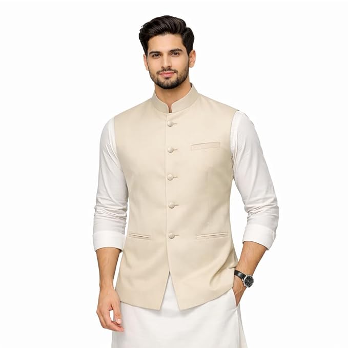 Men Nehru Waistcoat Sleeveless Ethnic Vest Mandarin Collar Wedding Party Regular Fit Cotton Jacket