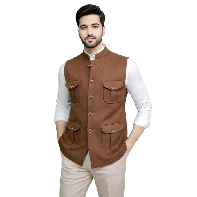 Men's Nehru Jacket Waistcoat, Sleeveless, Four Pocket Design, Mandarin Collar, Button Front