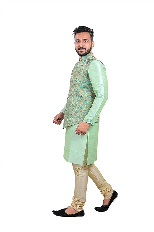 HUZUR Men's Silk Kurta Pyjama/Pajama with Red Single Print Red/Chiku Base Nehru Jacket Set Alternate View