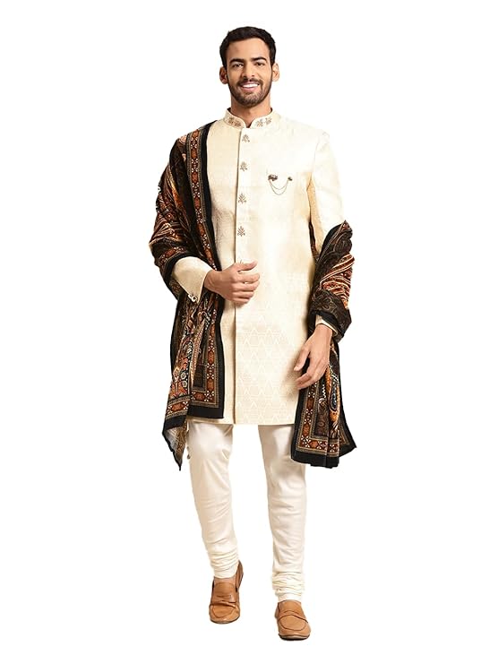 Kisah Men's Silk Blend Textured Sherwani Set Regular Fit | Wedding, Festive & Occasion Wear