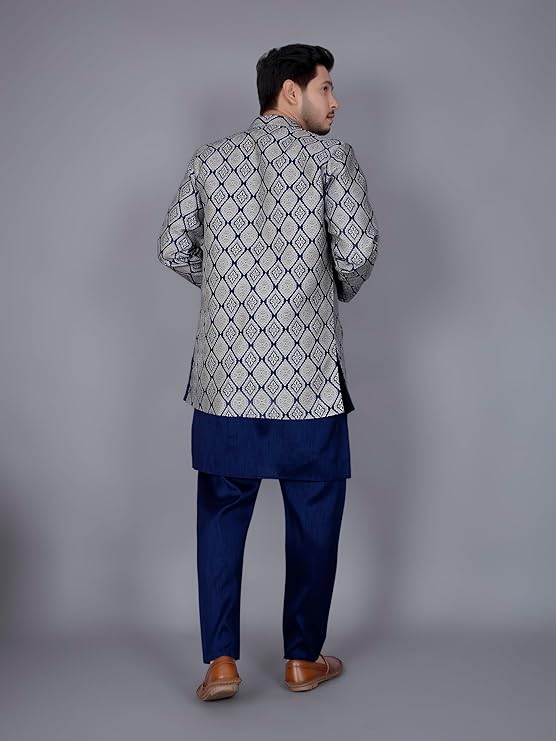 Amzira Men's Heavy Jecquard Jacket Sherwani Set with Mandarin Collar Full Sleeves Button Closure Cotton Kurta and Solid Pyjama with Jacktes Alternate View