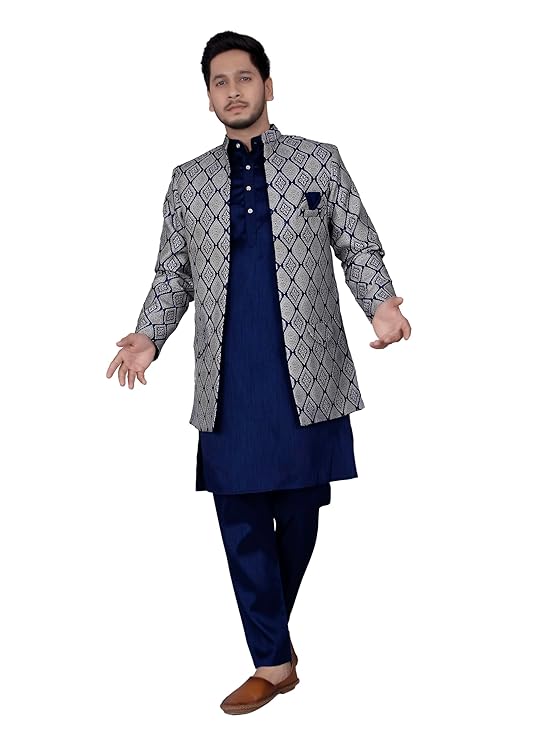 Amzira Men's Heavy Jecquard Jacket Sherwani Set with Mandarin Collar Full Sleeves Button Closure Cotton Kurta and Solid Pyjama with Jacktes