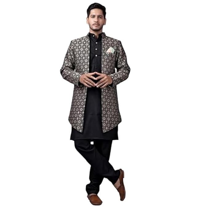 Amzira Men's Woven Printed Cotton Jacuqard Kurta Pajama Jacket with Long Sleeve Hip Length and Pull On Closure Type Jacket