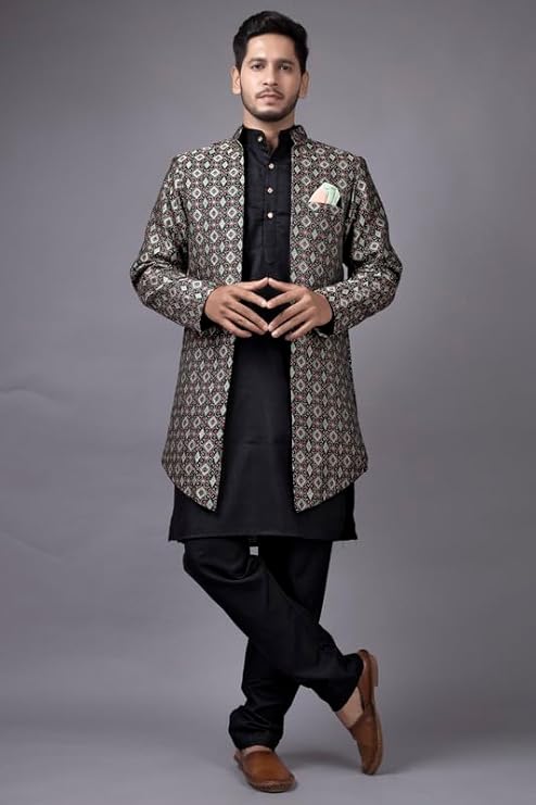 Amzira Men's Woven Printed Cotton Jacuqard Kurta Pajama Jacket with Long Sleeve Hip Length and Pull On Closure Type Jacket Alternate View