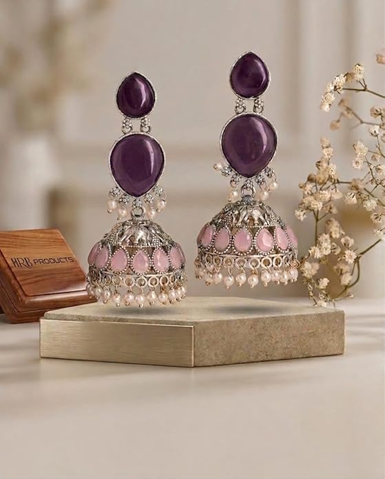 Oxidised Silver Jhumka Earrings with Purple Stones, Pink Teardrop Accents and Pearl Drops