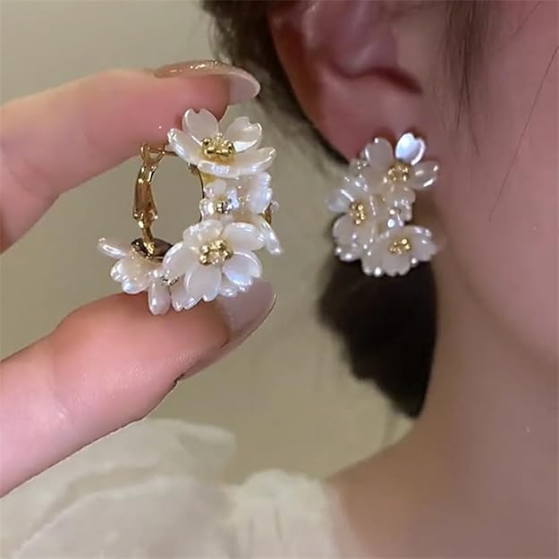 Shining Diva Fashion Latest Sweet Romantic Elegant White Flower Hoop Earrings | Stylish Shell Resin Delicate Pearl Flower Zircon Earrings | Trendy Versatile Jewellery | Light Exquisite Luxury Jewellery Alternate View