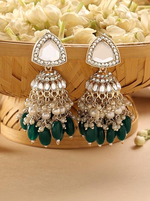 Zaveri Pearls Green Stones Cluster Beads Drop Jhumka Earring For Women Alternate View