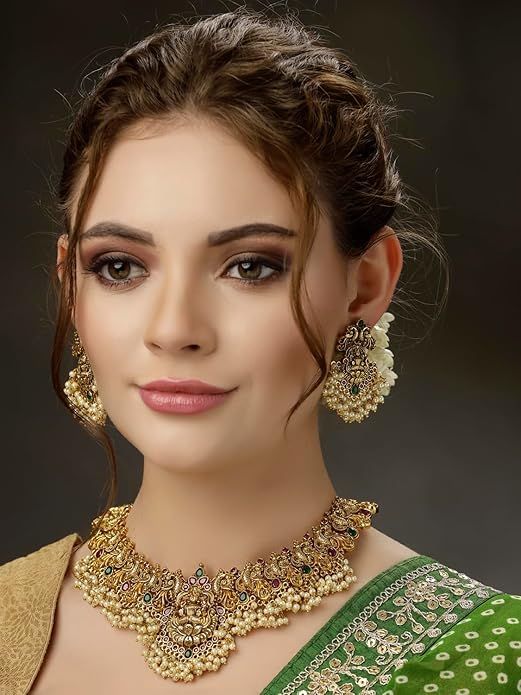Shining Diva Fashion Latest Stylish Fancy Pearl Choker Traditional Jewellery Set for Women | Temple Necklace Set | Festive Wedding Party Necklace | 22k Gold Plated | Just Like Original Gold Jewellery Alternate View