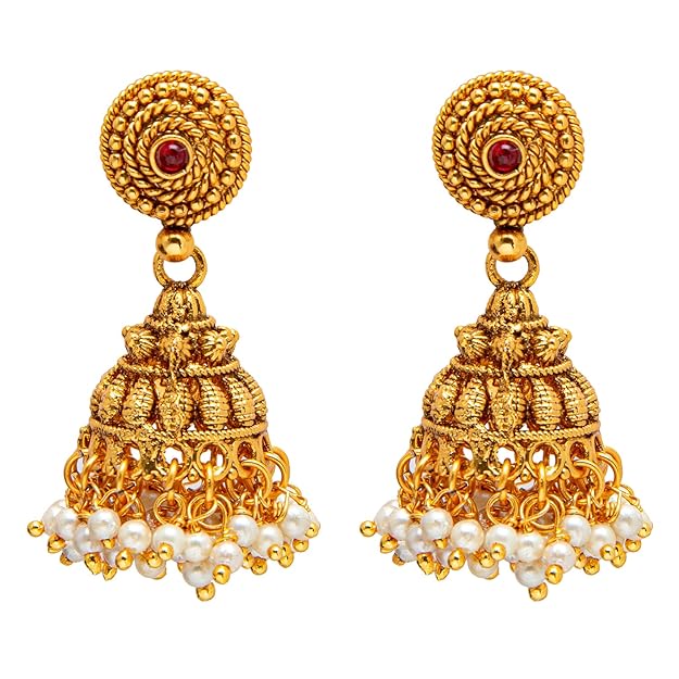 Shining Jewel - By Shivansh Traditional Handcrafted Antique Gold Jewellery Clustered Hanging Pearls Necklace Set With Jhumki Earrings For Women & Girls (Sjn_77) Alternate View