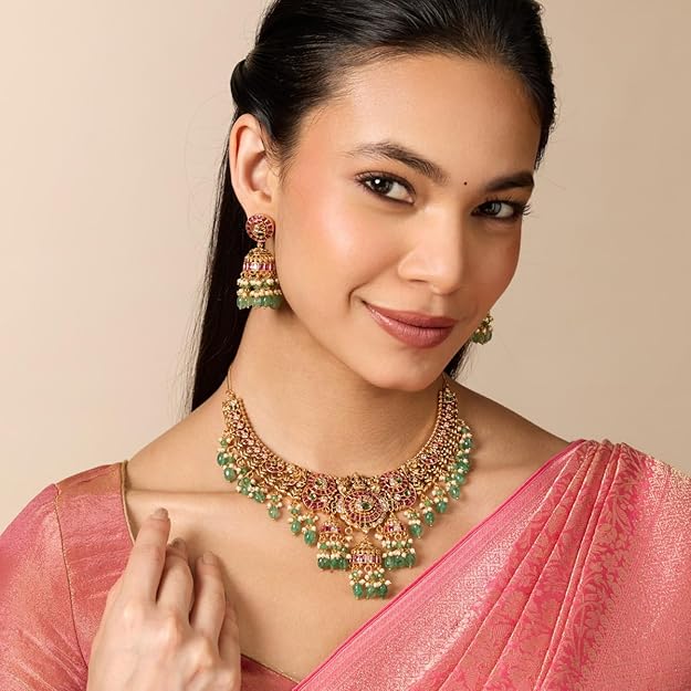 KUSHAL'S Fashion Jewellery Ruby-Green Gold Polished Copper Antique Necklace with Adjustable Chain, Best for Bridesmaid & Special Occasion-453944 Alternate View