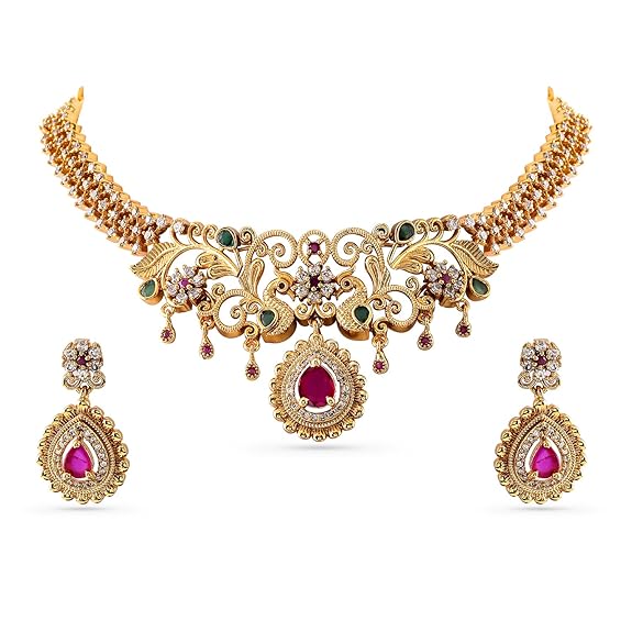 Rubans American Diamond Zirconia Necklace Set Traditional Stylish Jewellery Gift for Women & Girls