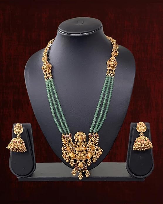 Temple Pendant Necklace Set for Women with Green Beads & Jhumka Earrings, Gold Plated Lakshmi Traditional Long Haram Jewellery Set, South Indian Wedding Bridal Jewellery Alternate View