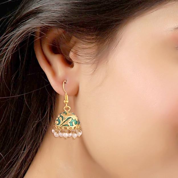 I Jewels 18K Gold Plated Traditional Handcrafted Meena Work Jhumka Earring Glided With Pearls For Women (E2547) Alternate View