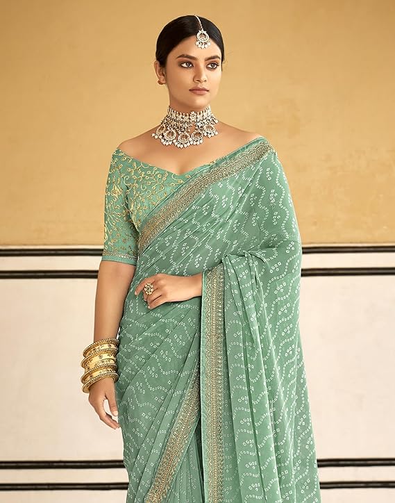 SIRIL Women's Bandhani Printed Embroidery Georgette Saree with Unstitched Blouse Piece Alternate View
